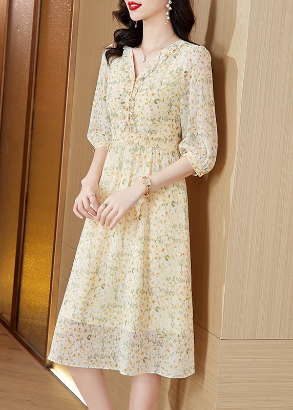 Elegant Light Yellow V Neck Print Chiffon Dresses Summer