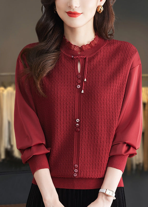 Elegant Mulberry Ruffled Patchwork Knit Sweater Tops Spring