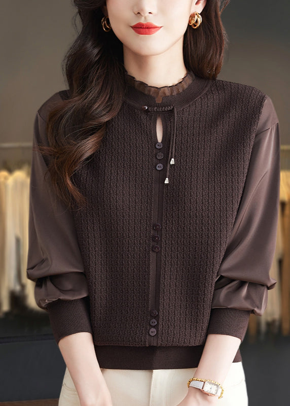 Elegant Mulberry Ruffled Patchwork Knit Sweater Tops Spring