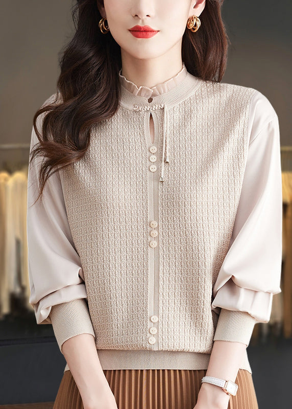 Elegant Mulberry Ruffled Patchwork Knit Sweater Tops Spring