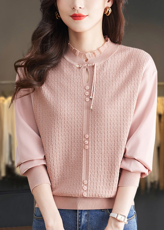 Elegant Mulberry Ruffled Patchwork Knit Sweater Tops Spring