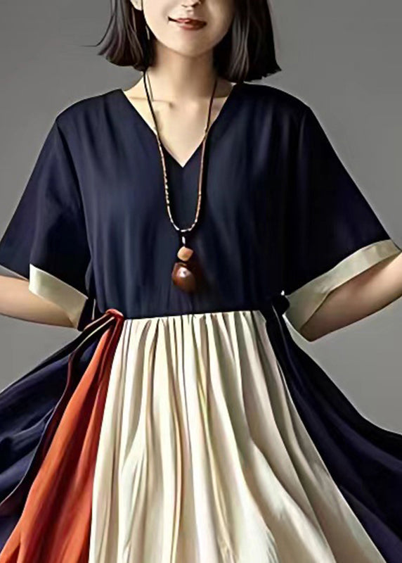 Elegant Navy Cinched Patchwork Cotton Holiday Dress Summer