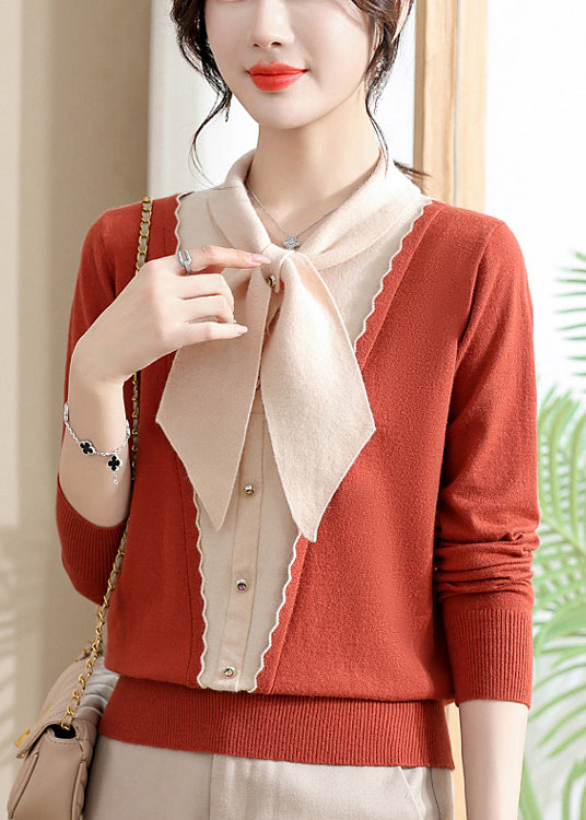 Elegant Orange Bow Patchwork Knit Sweaters Spring