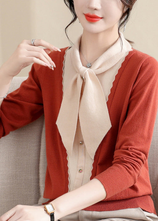 Elegant Orange Bow Patchwork Knit Sweaters Spring