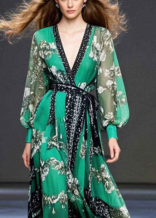 Elegant Peacock Green Cinched Print Chiffon Maxi Dresses Fall