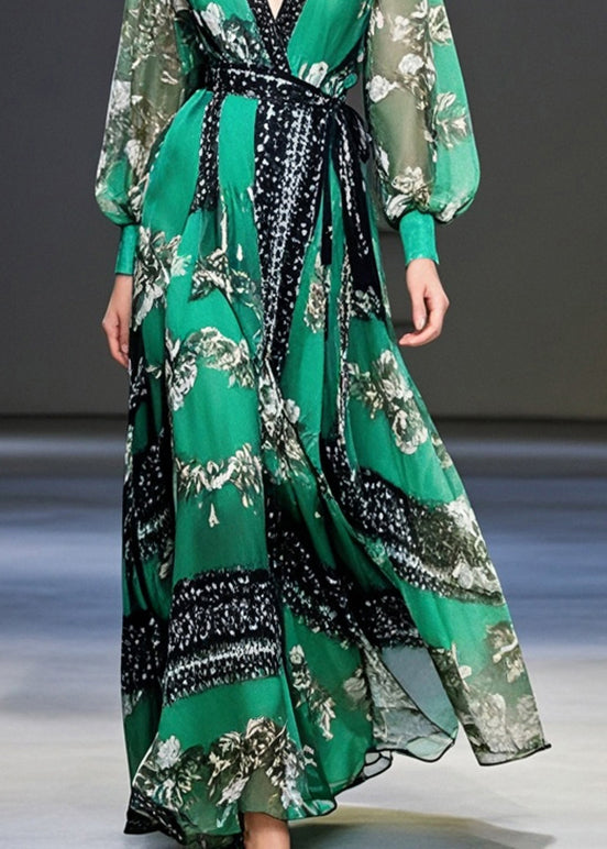 Elegant Peacock Green Cinched Print Chiffon Maxi Dresses Fall