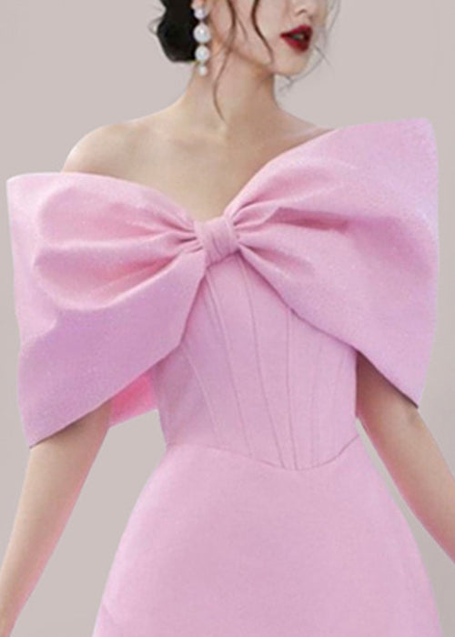 Elegant Pink Bow Solid Cotton Mid Dress Summer