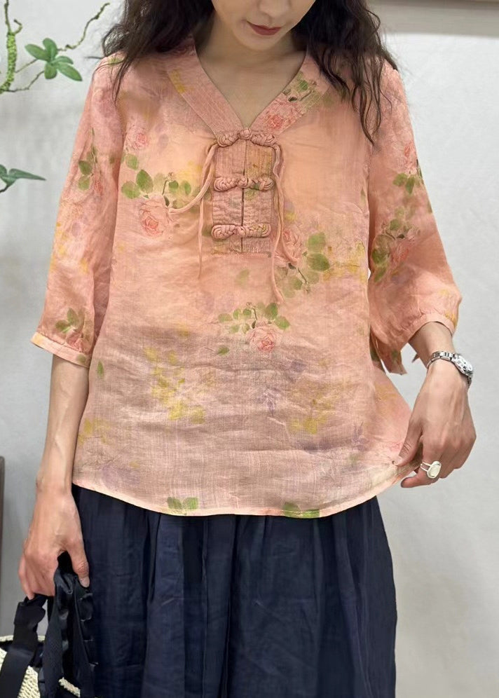 Elegant Pink Chinese Button Print Linen Shirt Half Sleeve