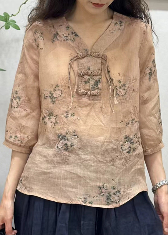 Elegant Pink Chinese Button Print Linen Shirt Half Sleeve