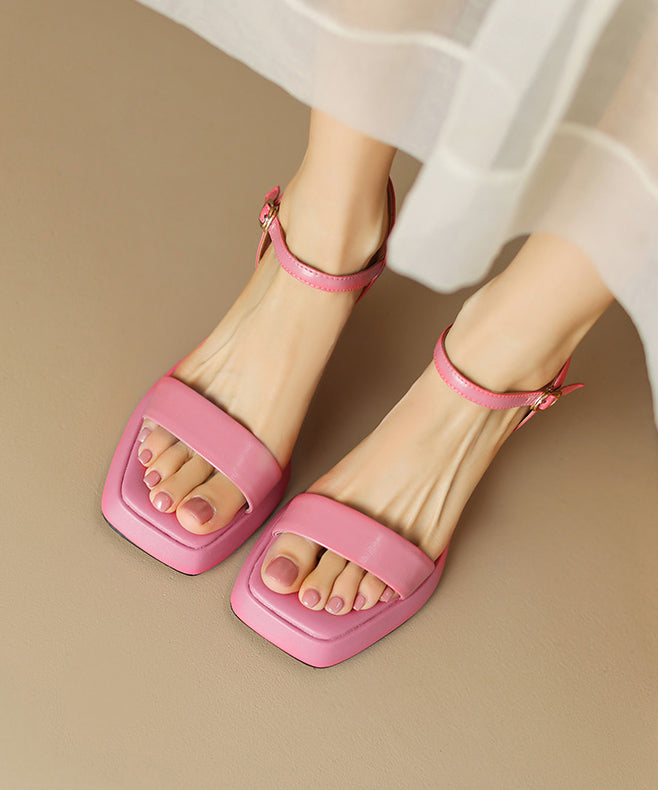 Elegant Pink Cowhide Buckle Strap Platform Leather Sandals