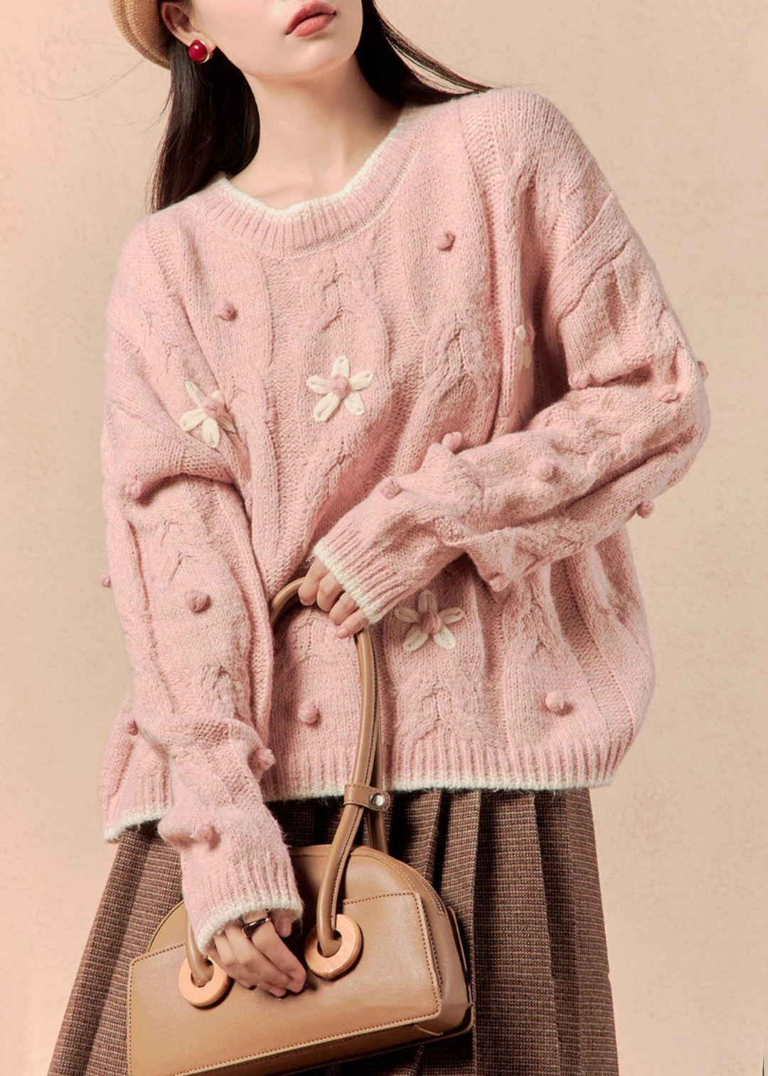 Elegant Pink Cozy Solid Cotton Knit Sweaters O Neck Spring