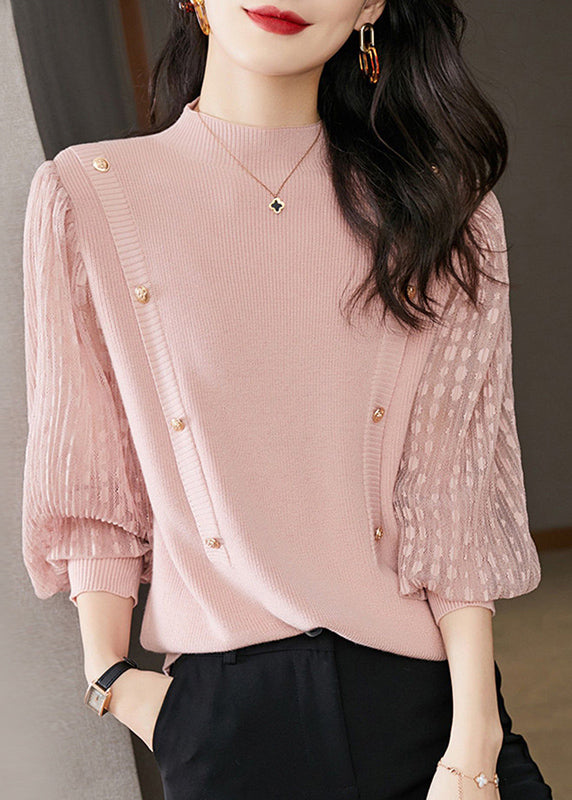 Elegant Pink Half High Neck Patchwork Knit Pullover Spring