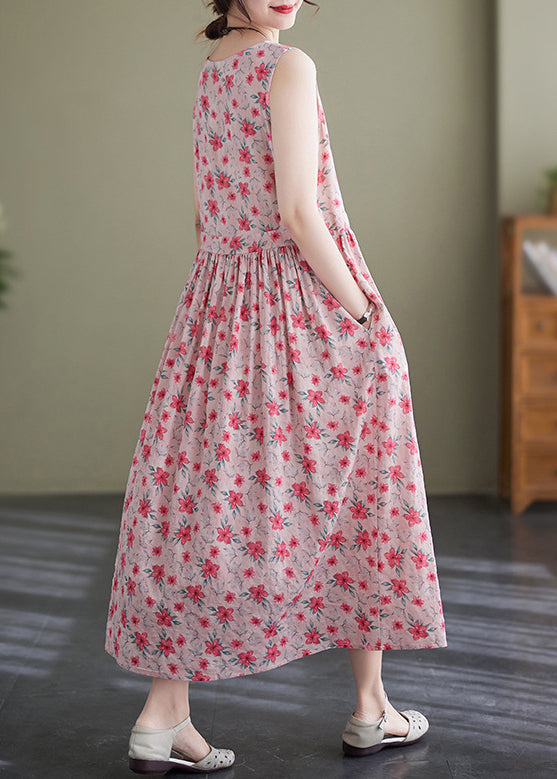 Elegant Pink Lace Up Wrinkled Print Cotton Long Dress Sleeveless