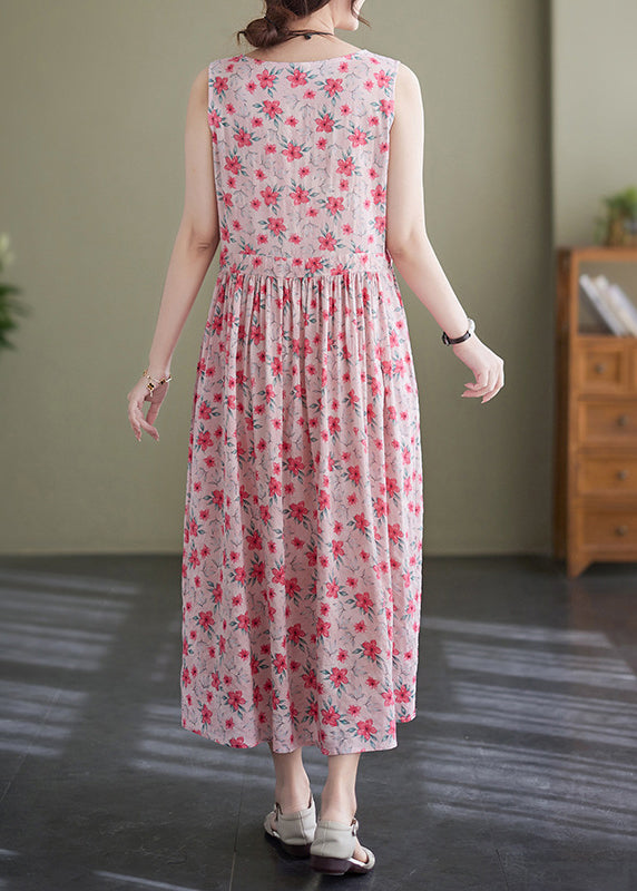 Elegant Pink Lace Up Wrinkled Print Cotton Long Dress Sleeveless