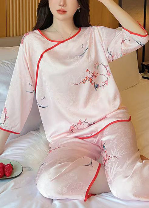 Elegant Pink O Neck Print Ice Silk Pajamas Two Pieces Set Half Sleeve