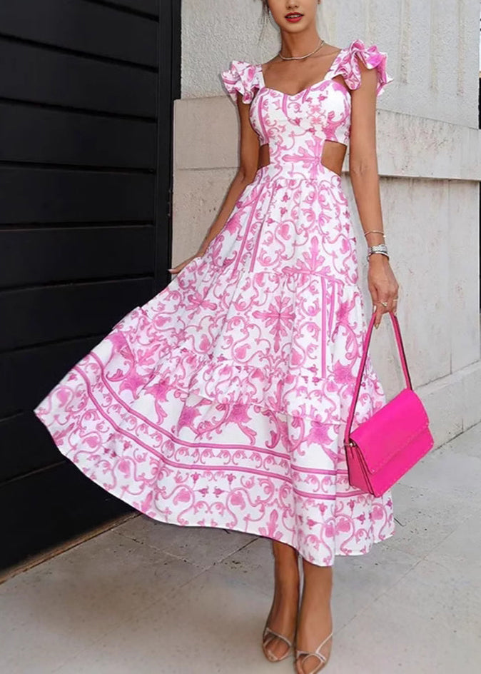 Elegant Pink Print Hollow Out Cotton Long Dresses Summer