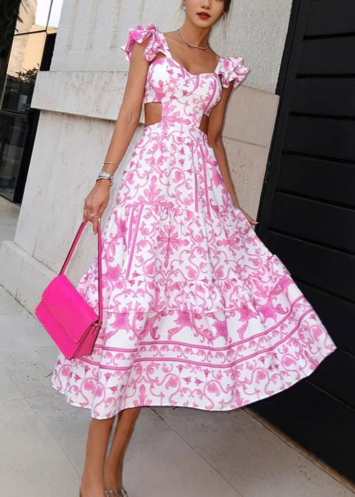 Elegant Pink Print Hollow Out Cotton Long Dresses Summer