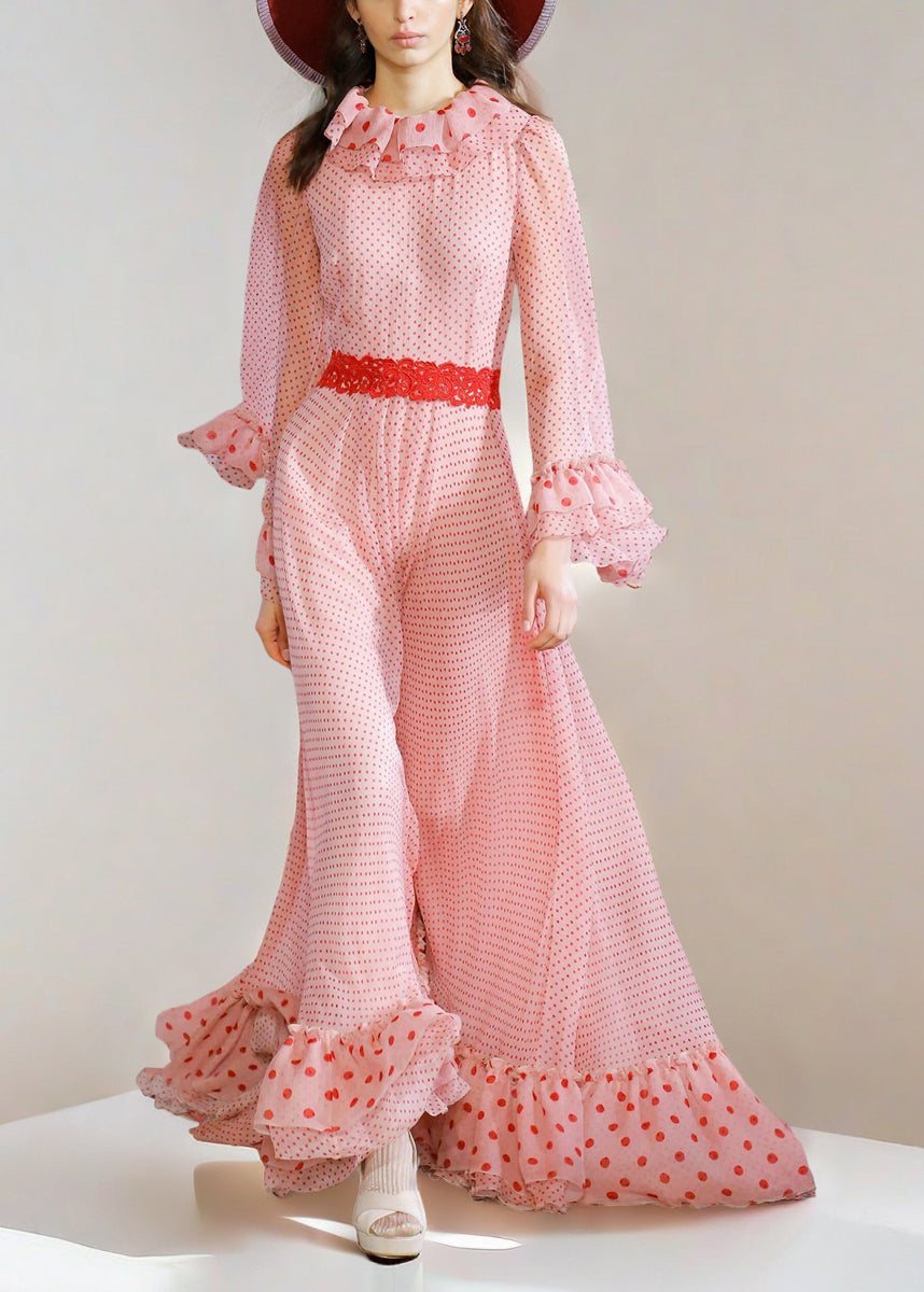 Elegant Pink Ruffled Dot Patchwork Chiffon Dresses Spring