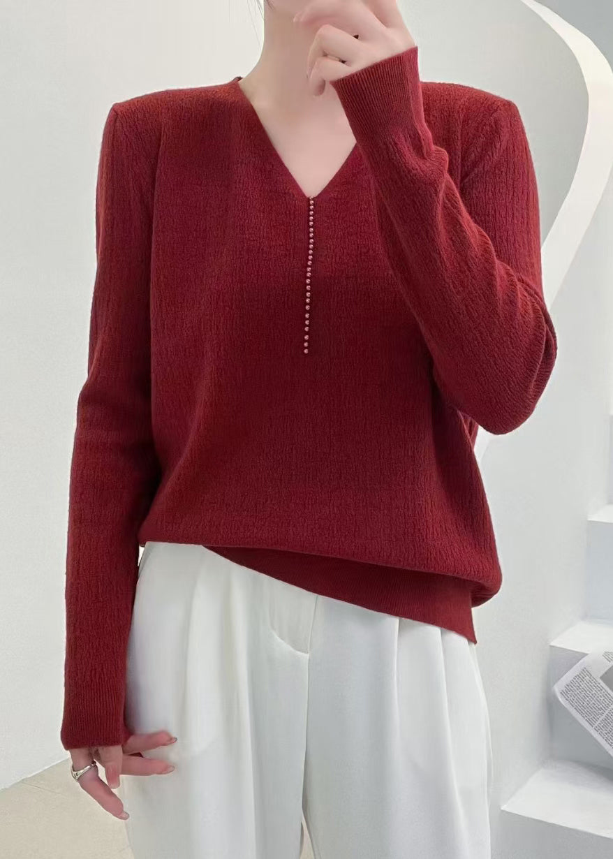 Elegant Pink V Neck Nail Bead Solid Knit Sweater Fall