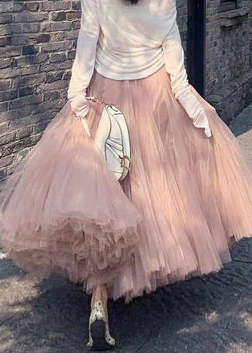 Elegant Pink Wrinkled High Waist Tulle Skirt