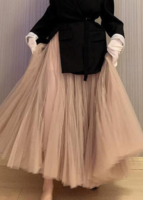 Elegant Pink Wrinkled High Waist Tulle Skirt