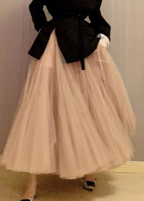 Elegant Pink Wrinkled High Waist Tulle Skirt