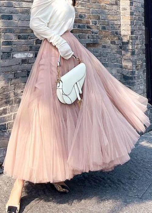 Elegant Pink Wrinkled High Waist Tulle Skirt