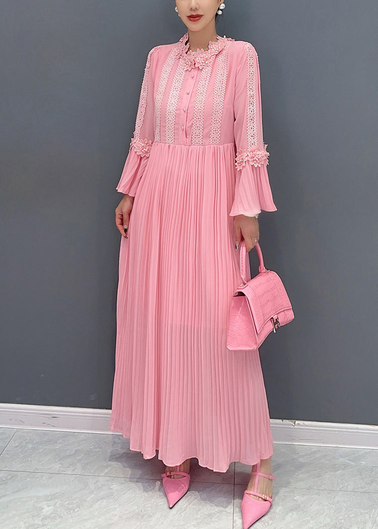 Elegant Pink Wrinkled Lace Patchwork Maxi Dress Flare Sleeve