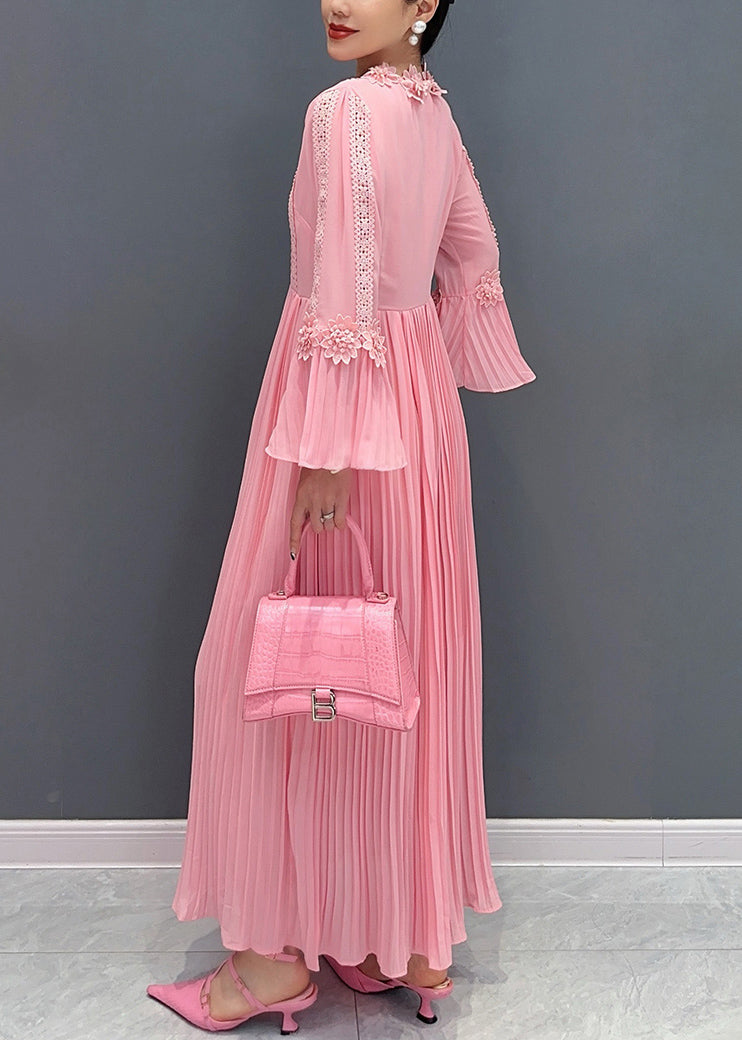 Elegant Pink Wrinkled Lace Patchwork Maxi Dress Flare Sleeve