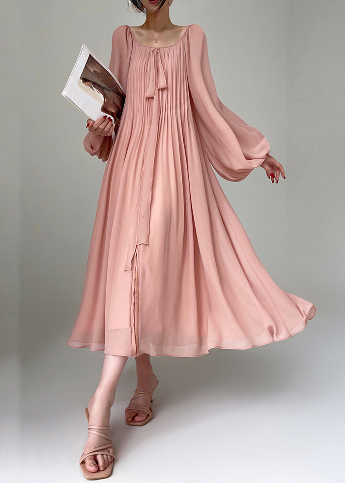 Elegant Pink Wrinkled Lace Up Chiffon Maxi Dresses Spring