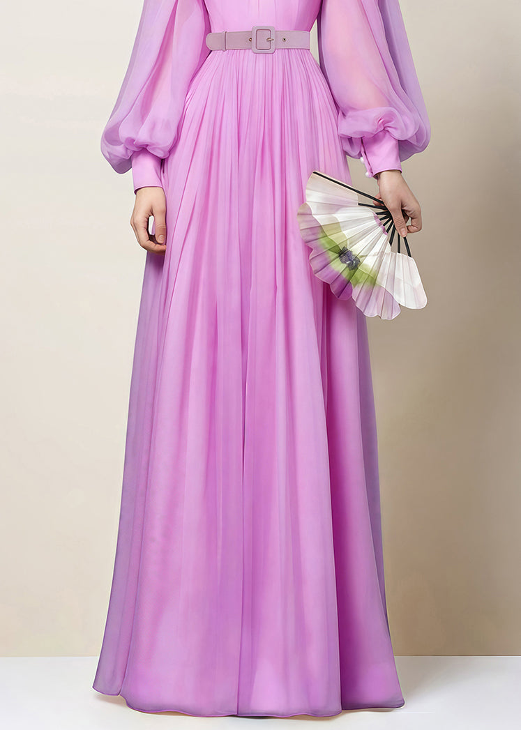 Elegant Pink Zippered Wrinkled Chiffon Maxi Dresses Fall