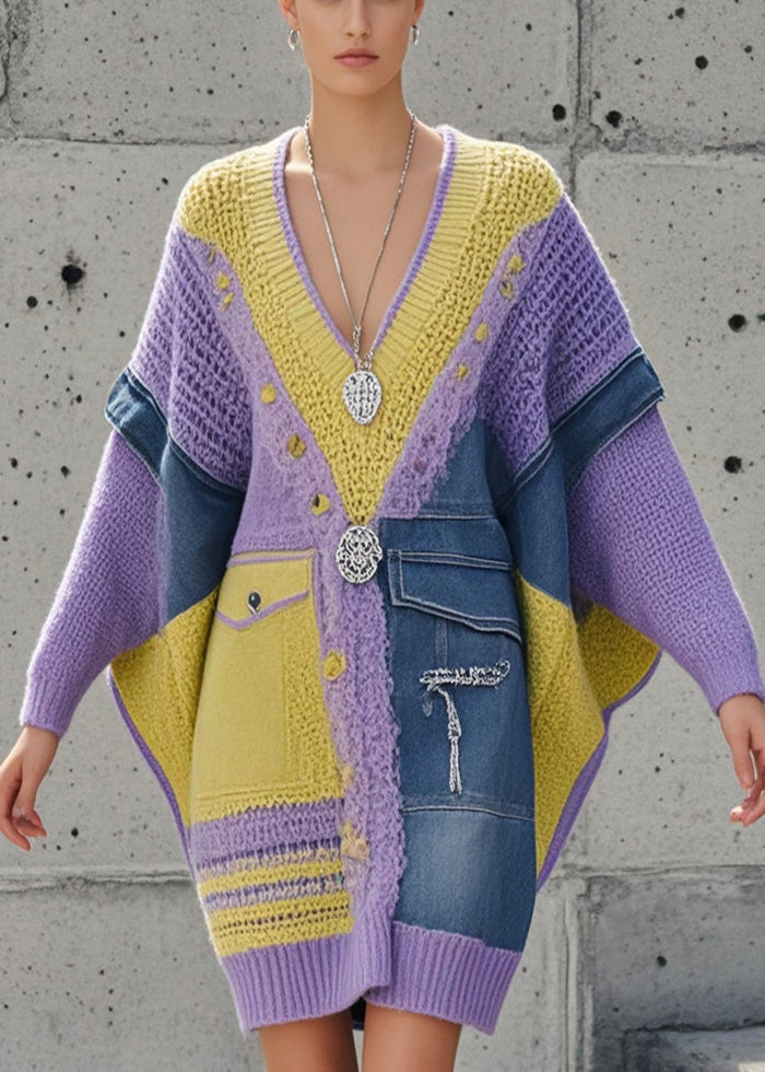 Elegant Purple Asymmetrical Patchwork Denim Long Sweater Batwing Sleeve