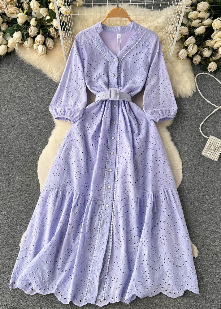 Elegant Purple Button Hollow Out Cotton Shirts Dress Long Sleeve