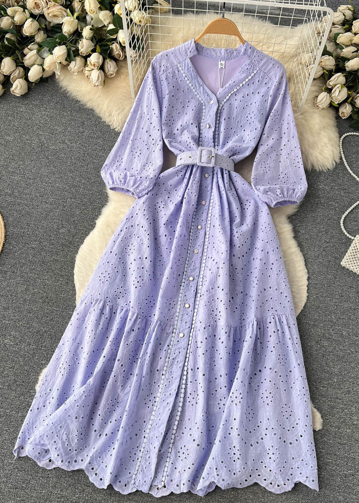 Elegant Purple Button Hollow Out Cotton Shirts Dress Long Sleeve