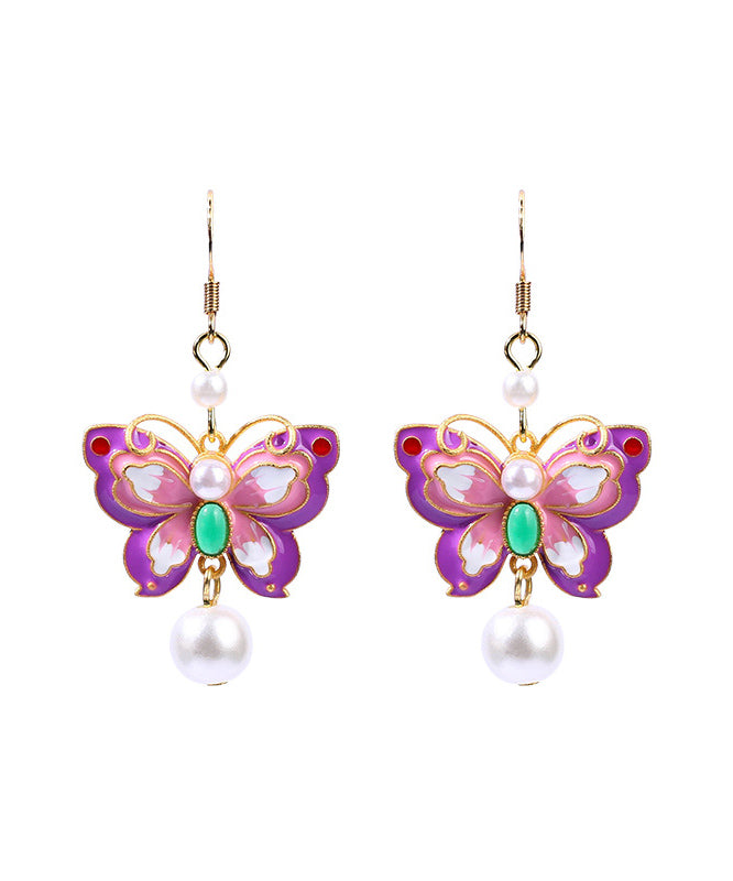 Elegant Purple Copper Overgild Acrylic Pearl Butterfly Drop Earrings