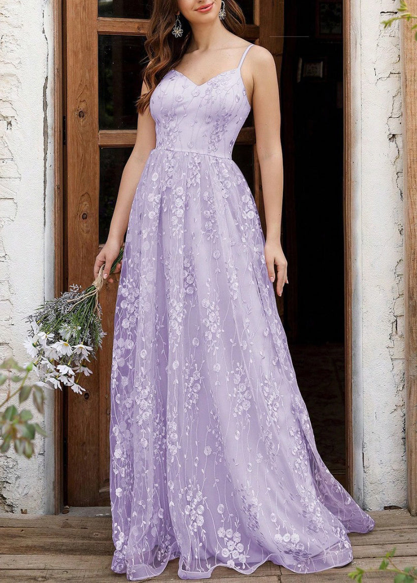 Elegant Purple Embroidered Backless Tulle Spaghetti Strap Dress Sleeveless