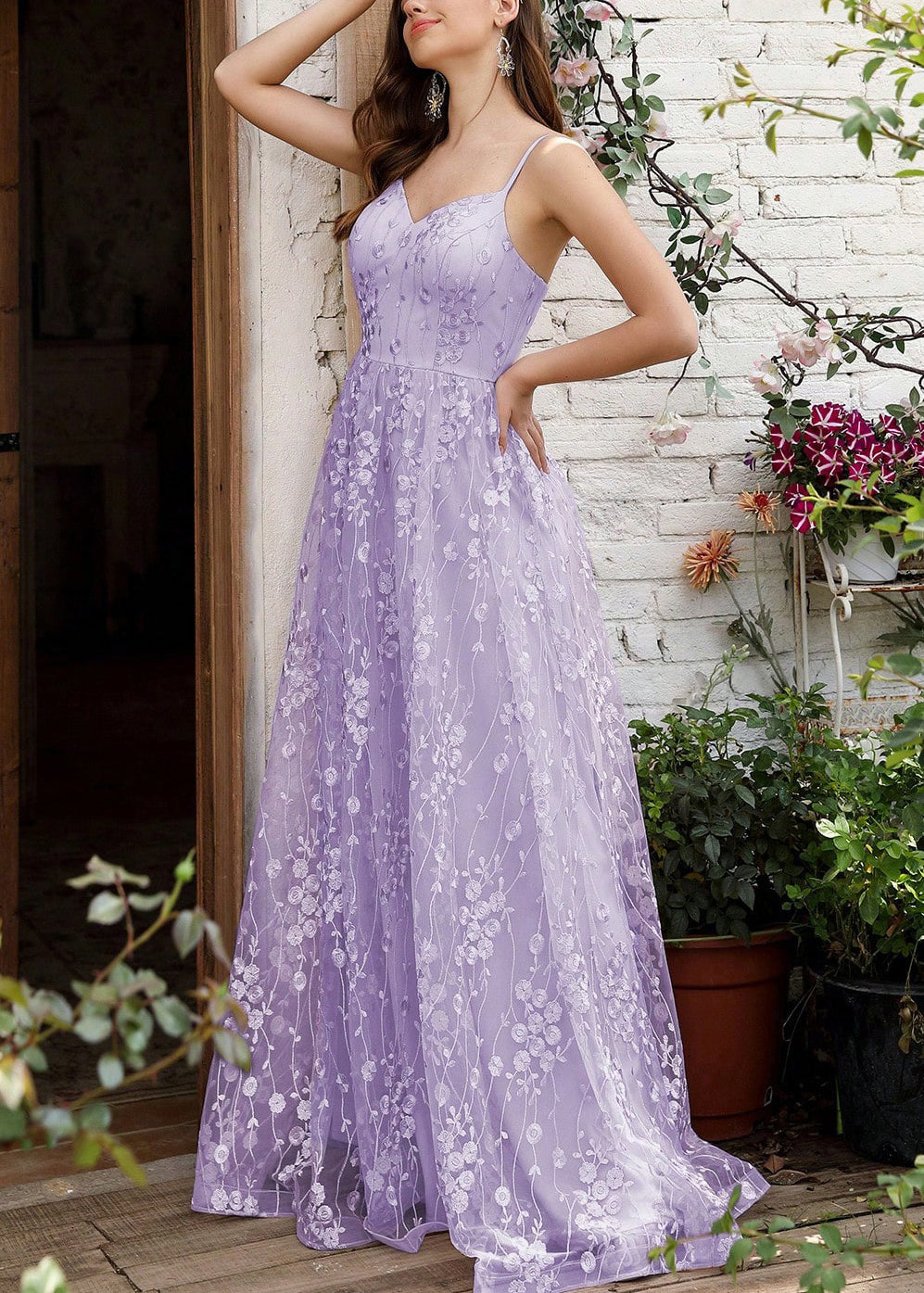 Elegant Purple Embroidered Backless Tulle Spaghetti Strap Dress Sleeveless