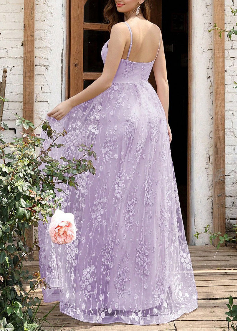 Elegant Purple Embroidered Backless Tulle Spaghetti Strap Dress Sleeveless