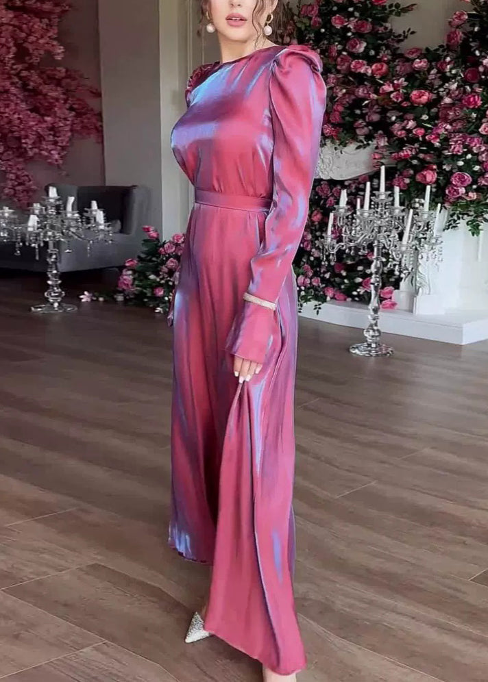 Elegant Purple O Neck Silk Maxi Dress Fall