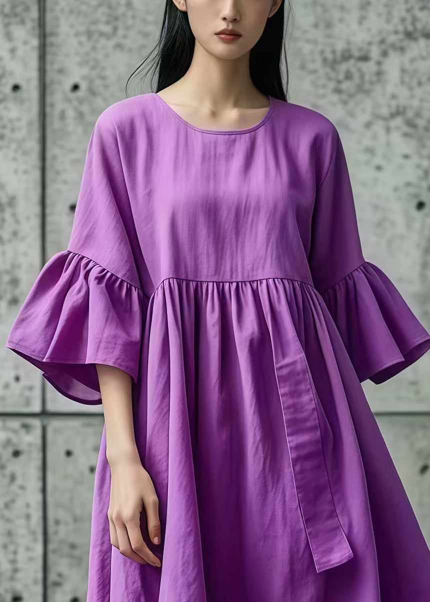 Elegant Purple Oversized Cotton Day Dress Flare Sleeve