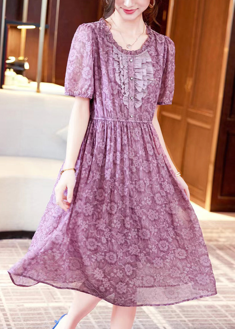 Elegant Purple Print Ruffled Patchwork Chiffon Long Dresses Summer