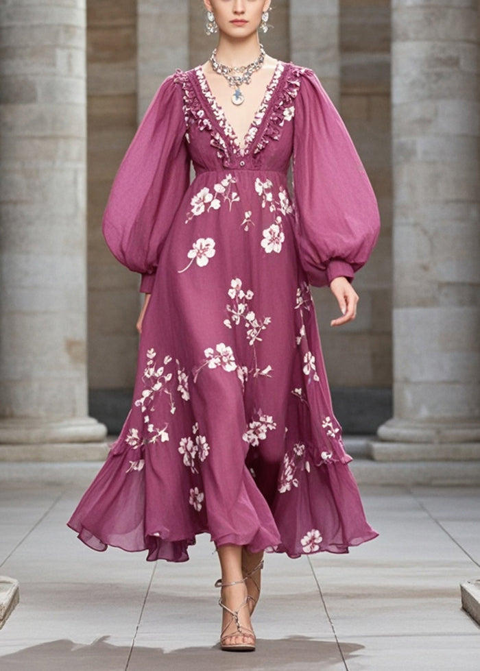 Elegant Purple Ruffled Print Chiffon Robe Dresses Fall