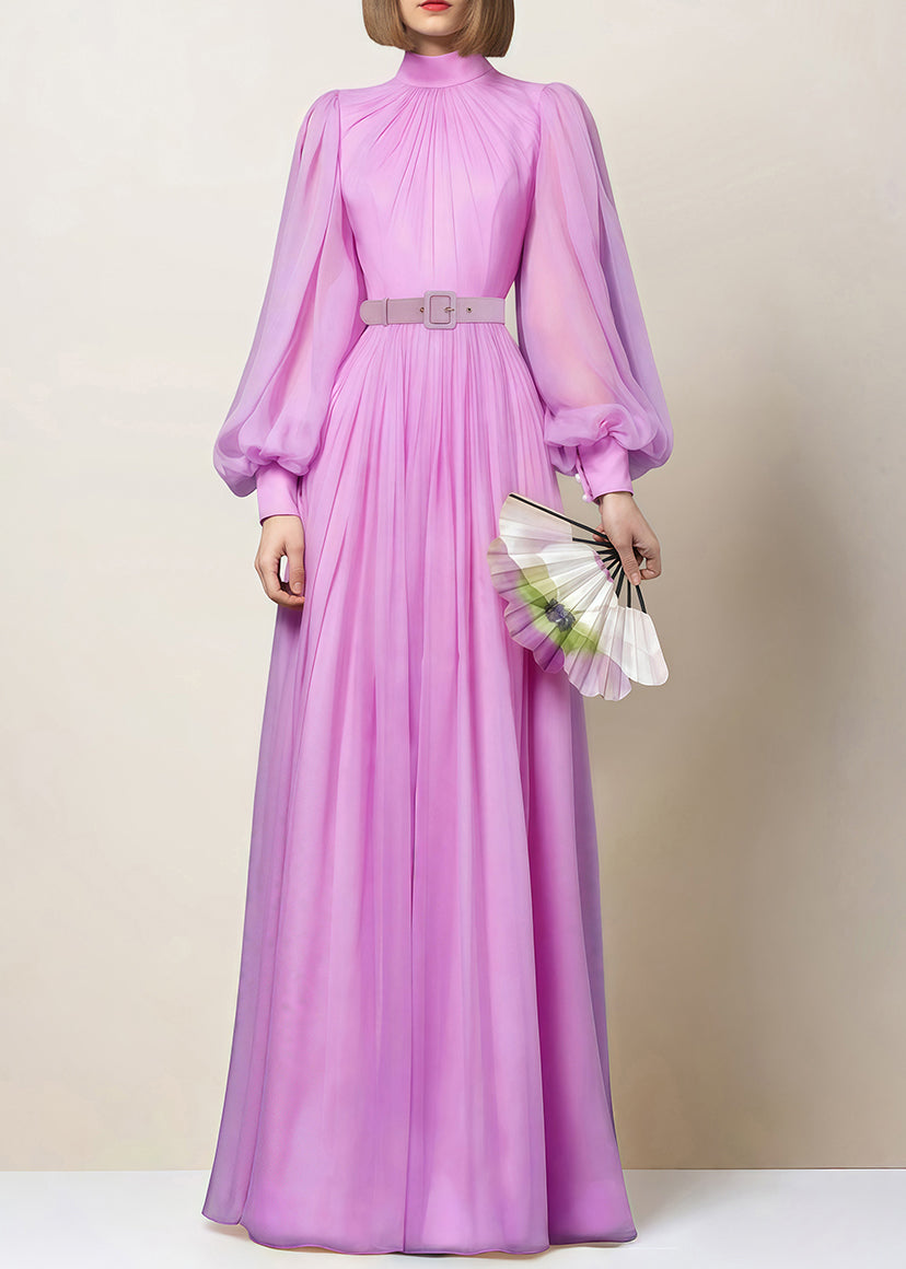 Elegant Purple Wrinkled Solid Chiffon Dress Lantern Sleeve