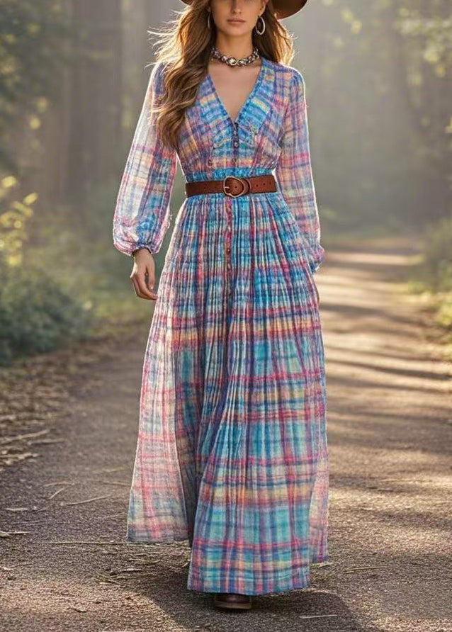 Elegant Rainbow Cinched Plaid Cotton Dresses Spring