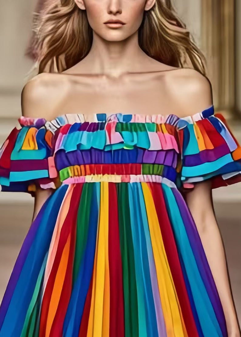 Elegant Rainbow Cold Shoulder Striped Chiffon Dress Summer