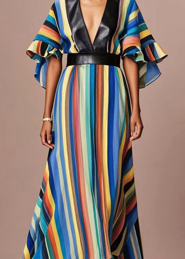 Elegant Rainbow Striped Cotton Cinched Dress Flare Sleeve