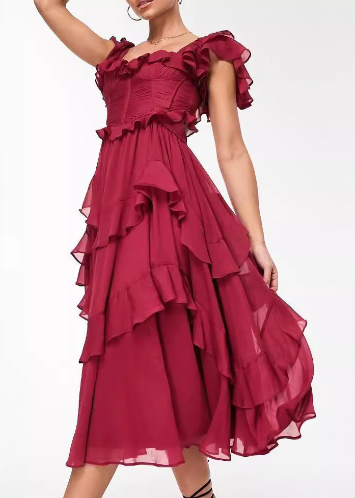 Elegant Red Backless Ruffled Cotton Long Dress Summer