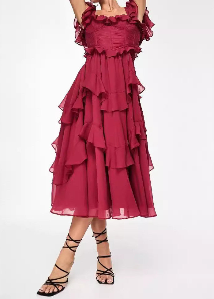 Elegant Red Backless Ruffled Cotton Long Dress Summer