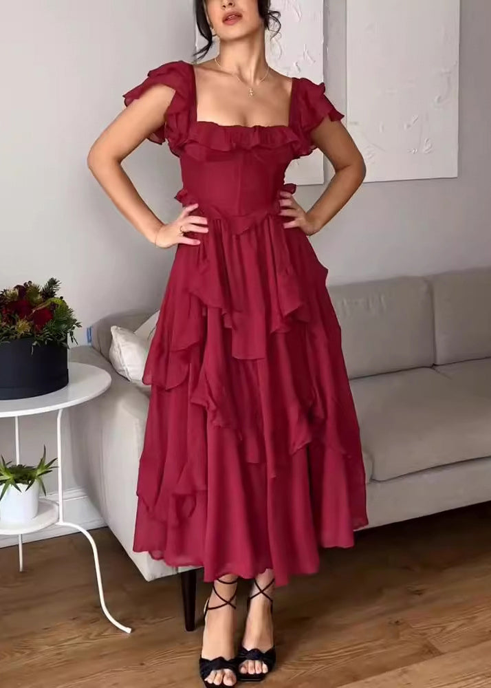 Elegant Red Backless Ruffled Cotton Long Dress Summer