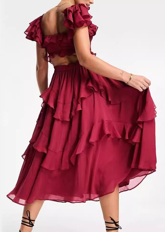 Elegant Red Backless Ruffled Cotton Long Dress Summer